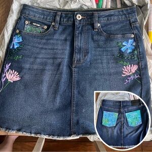 Hand painted floral abstract denim skirt